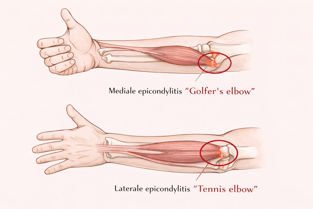 Anatomische schets van tenniselleboog en golferselleboog met pijnlocatie aan de buiten- en binnenzijde van de elleboog oftewel epicondylitis medialis en lateralis.