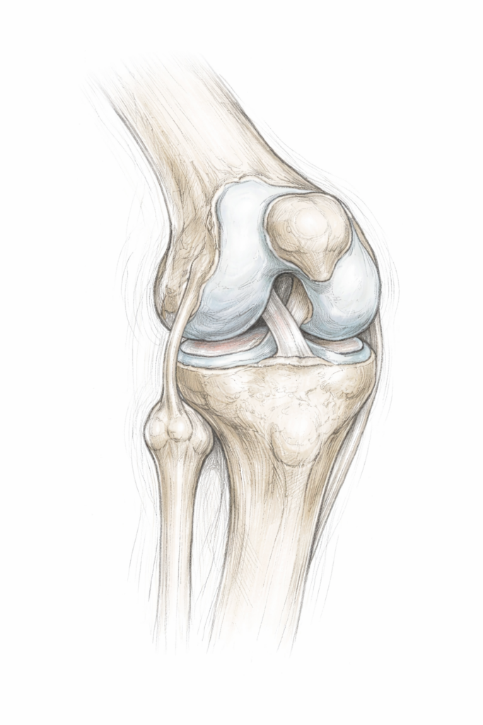 anatomische schets van de knie gemaakt door orthopedisch chirurg John Cheung in Amsterdam.