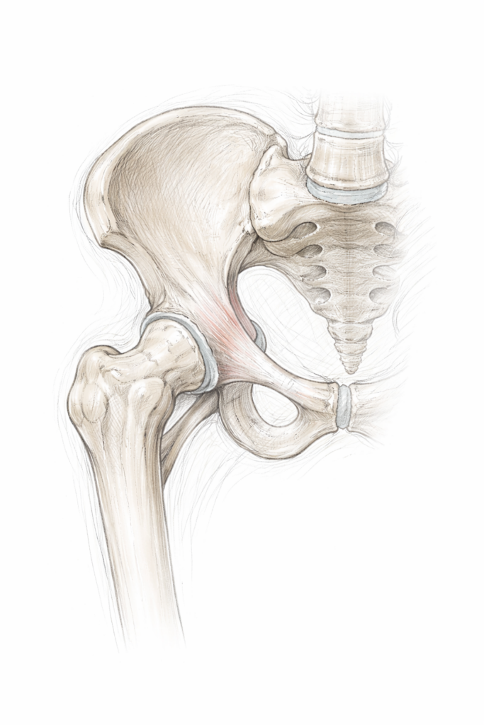 anatomische schets van de pelvis en heup gemaakt door orthopedisch chirurg John Cheung in Amsterdam.