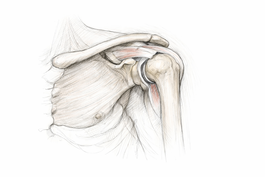 Gedetailleerde anatomie van de schouder schets gemaakt door orthopedisch chirurg John Cheung in Amsterdam.