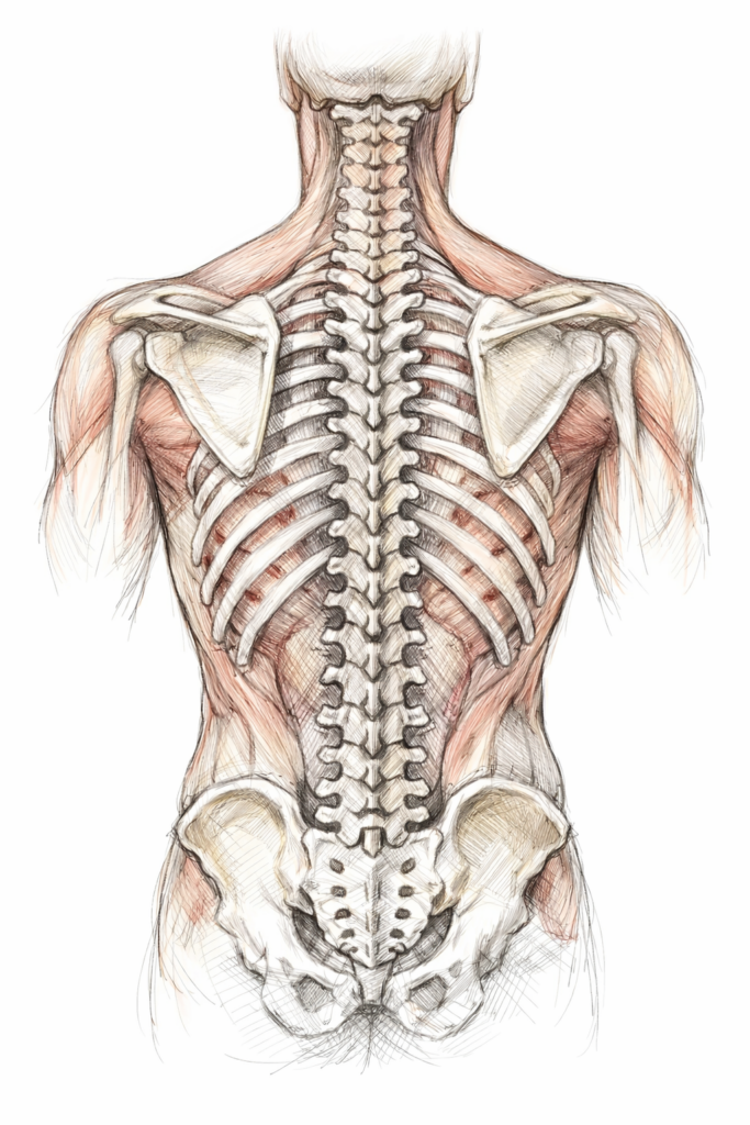 anatomische schets van de rug, gemaakt door orthopedisch chirurg John Cheung in Amsterdam.