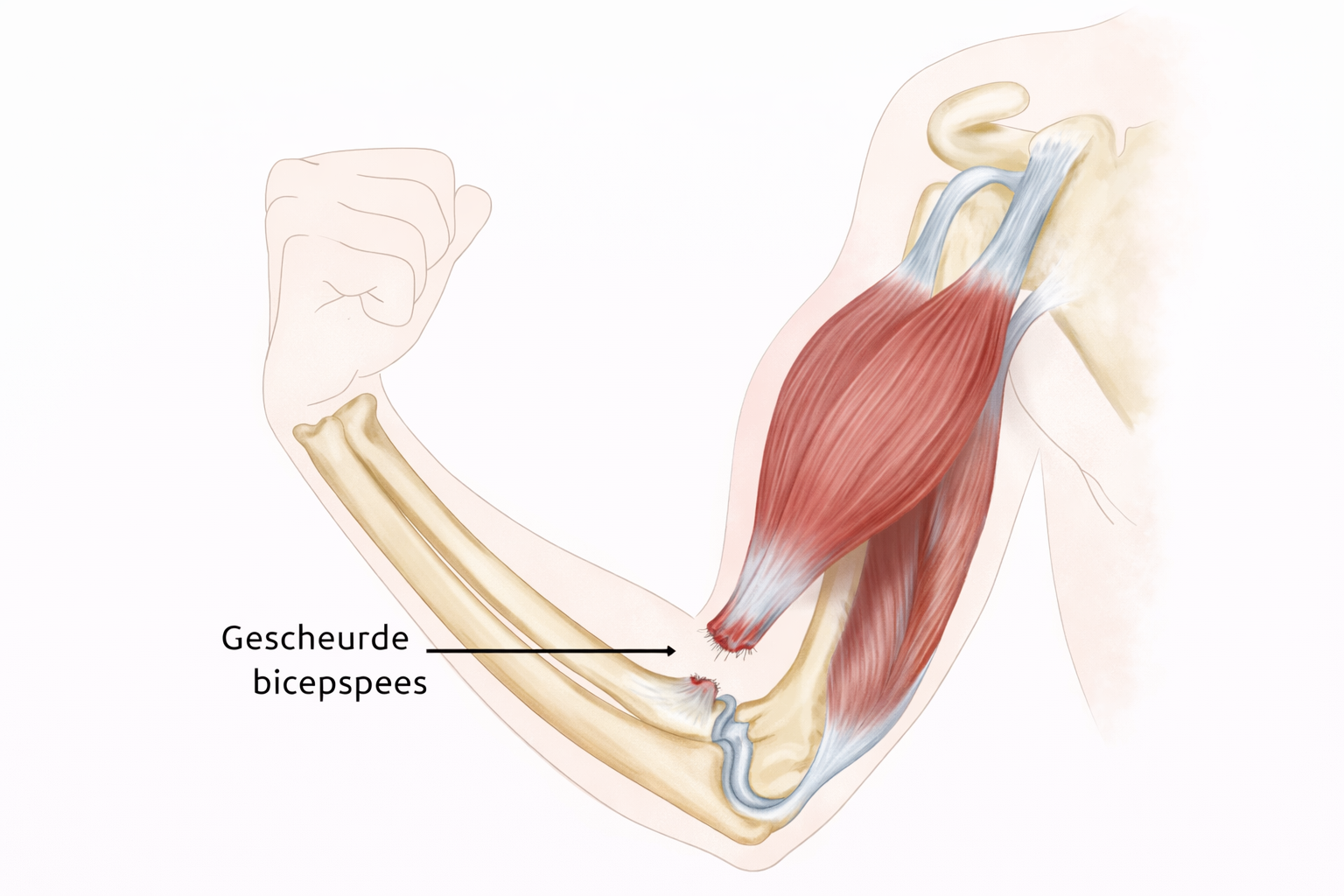 Anatomische illustratie van een gescheurde bicepspees bij de elleboog (distale bicepspees ruptuur).