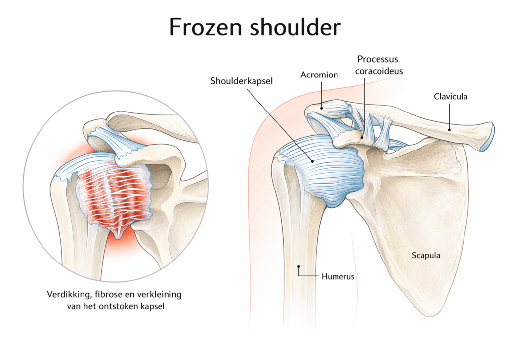 Anatomische illustratie van een frozen shoulder met verdikking en verstijving van het schouderkapsel.
