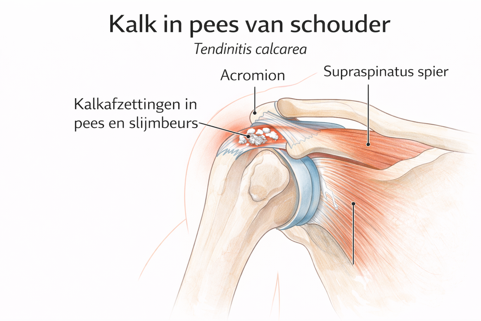 Illustratie van kalk in de schouder (tendinitis calcarea) met kalkafzettingen in de pees.